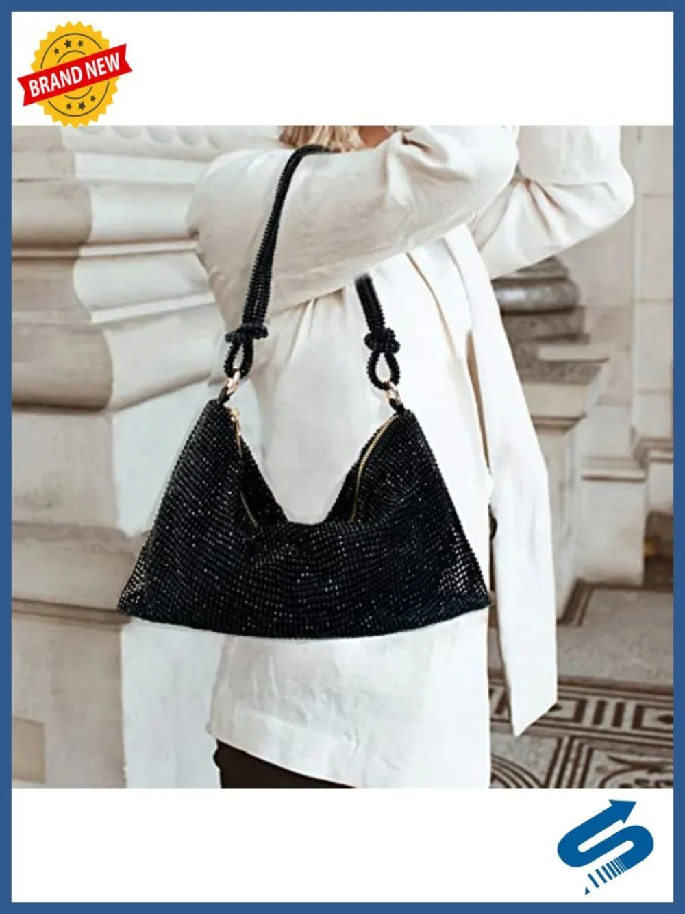 Rhinestone Hobo Evening Bag with Zipper Closure & Adjustable Strap
